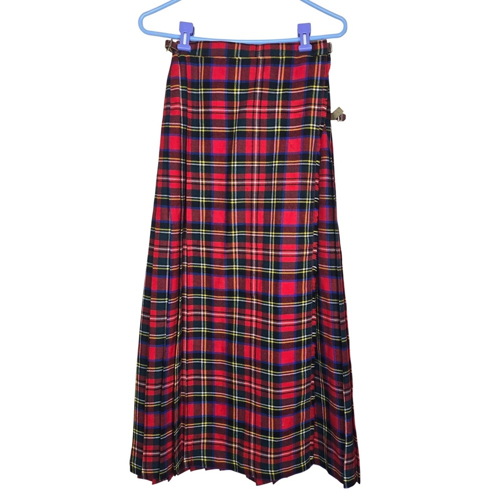 Vintage Sakowitz Plaid Kilt Skirt Red Tartan Pleated‎ Maxi Made in Great Britain